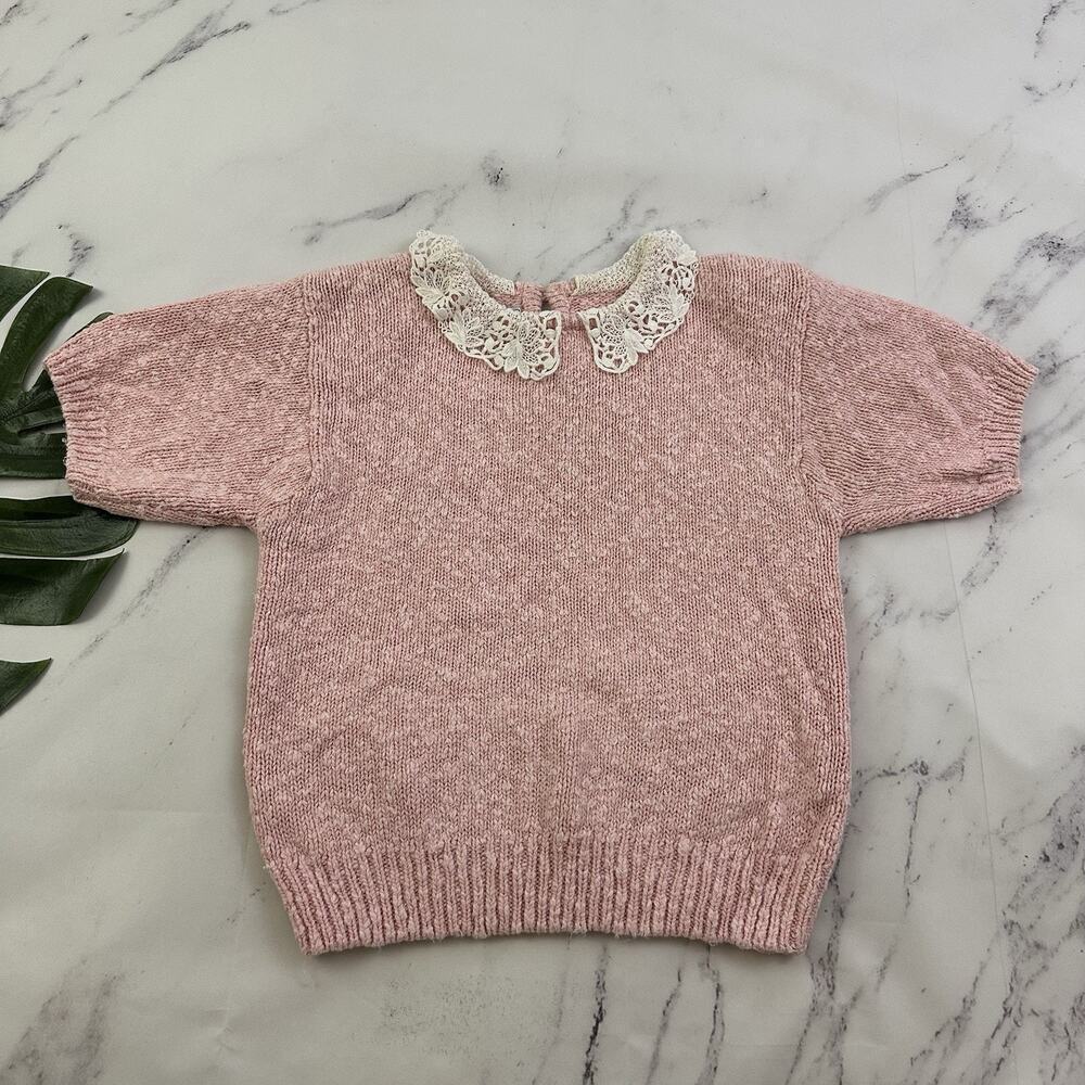 Tarazzia Womens Vintage 80s Short Sleeve Sweater Size M Pink Lace Collar Cottage